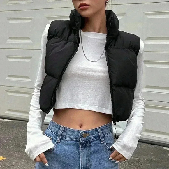 Black Casual Women's Zip Up Crop Vest Puffer Thick Coat - Picture 7 of 9